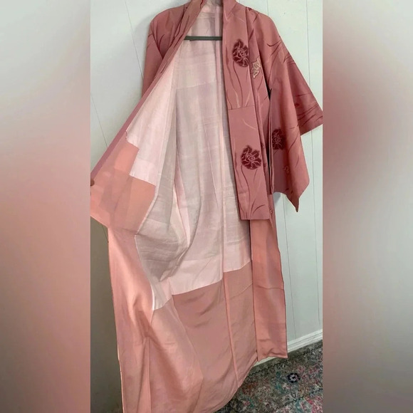 Kimono Japanese Vtg Silk Coats Jackets Haori Cardigan Pink Floral Long OS* - Picture 6 of 16